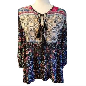 American Rag Cie Boho Peasant Tunic Oversized Medium L XL Floral Tassel Sheer